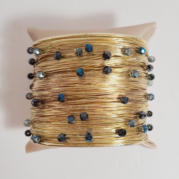 Gold Wire Wrapped Cuff Bracelet with Blue & Black Faceted Beads - Picture 3 of 8